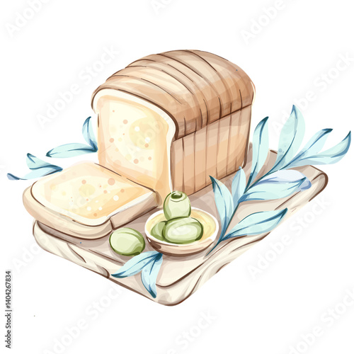 A delightful assortment of olives and bread in a watercolor style inspired by Italian cuisine