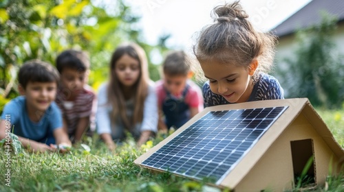 a group of curious children exploring a miniature solar panel house model demonstrating sustainable energy concepts in an educational outdoor setting fostering environmental