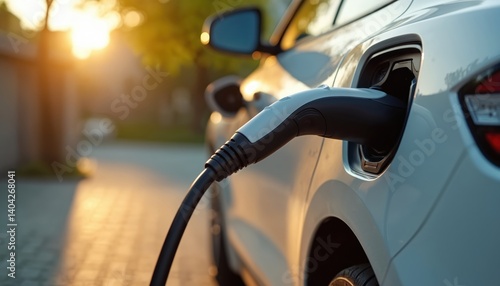 Electric car charging from home wall box. Modern EV hybrid vehicle with power cord plugged. Eco tech transportation, green energy. Environmentally friendly. Renewable energy. Clean tech.