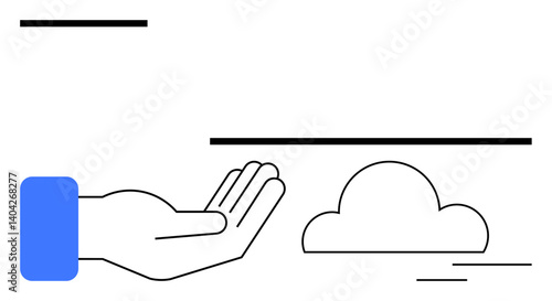 Open human hand with a blue sleeve offering a calm gesture toward a cloud, surrounded by lines. Ideal for technology, cloud computing, teamwork, support, data sharing, simplicity innovation. Flat