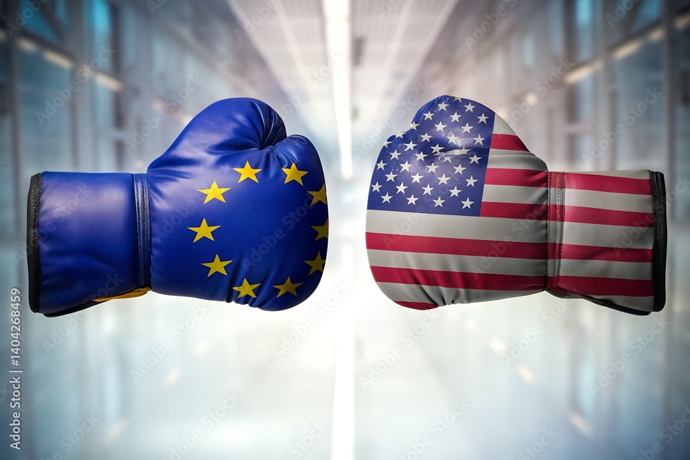 Boxing Gloves with European Union and United States Flags Facing Off in Symbolic Confrontation of Political or Economic Competition on a Modern Background