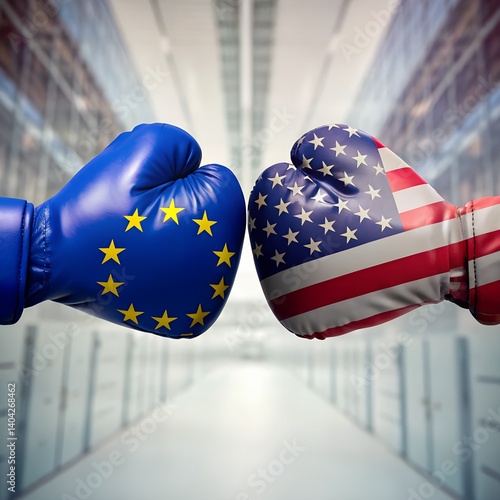 Boxing Gloves with European Union and United States Flags Facing Off in Symbolic Confrontation of Political or Economic Competition on a Modern Background