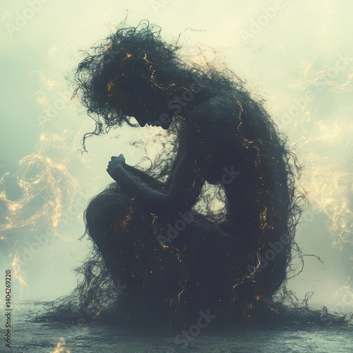 Silhouette of a sorrowful figure, entwined with dark, fiery tendrils, against a hazy backdrop