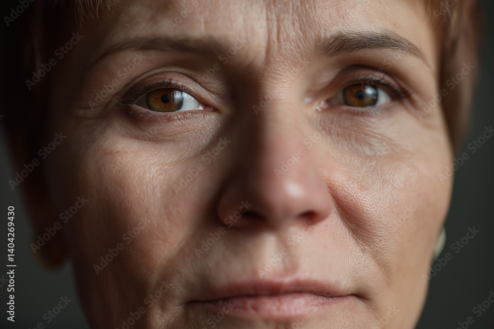 close-up portrait of woman with expressive eyes. natural lighting highlights mature skin texture, capturing emotions and contemplation. ideal for personal and reflective themes in photography close-up portrait of woman with expressive eyes. natural lighting highlights mature skin texture, capturing emotions and contemplation. ideal for personal and reflective themes in photography