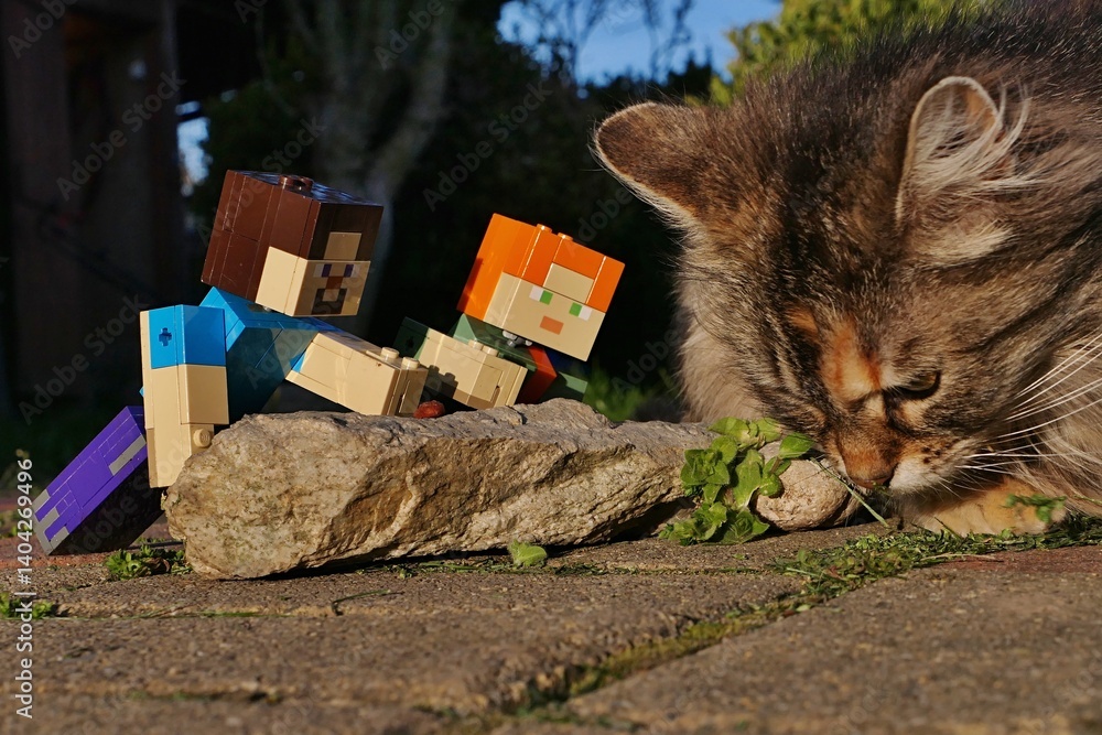 Fototapeta premium Minecraft LEGO figures of main characters Steve and Alex feeding cute fluffy tabby crossbreed female cat with granules, observing her from behind the flat stone.