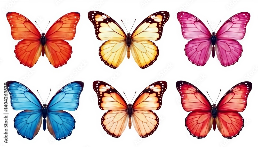 Fototapeta premium Collection of delicate butterfly silhouettes in various poses on white background, silhouette, insect