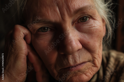 emotional elderly woman with thoughtful expression resting chin on hand. captivating close-up portrait evoking feelings of nostalgia and introspection. perfect for themes of aging and reflection photo