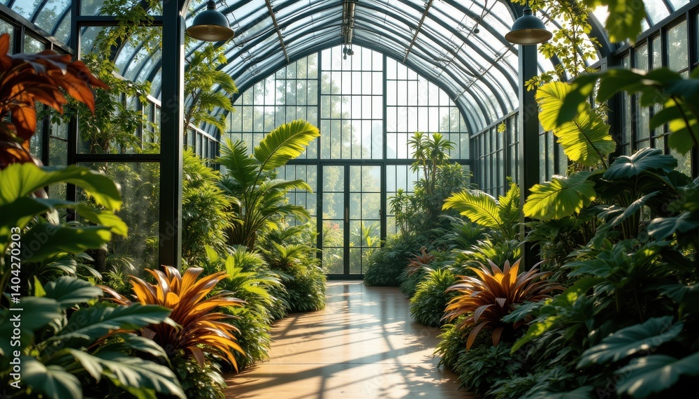 Serene Greenhouse Interior with Lush Tropical Plants and Sunlight Serene Greenhouse Interior with Lush Tropical Plants and Sunlight