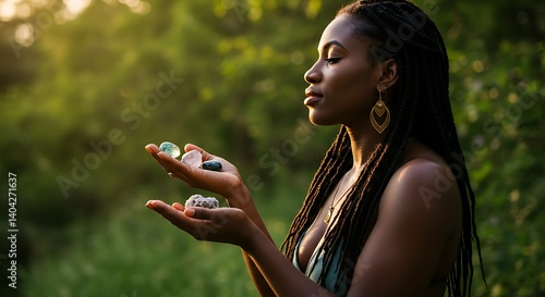 Black woman outdoors holding crystals in the sun. Expressing calm and connection with nature. Greenery in the background and golden light highlight the energy of the crystals
