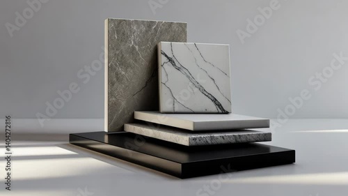 Samples of interior materials showcasing artificial stone and brushed metallic stainless laminate, isolated on a background with a clipping path for design applications.