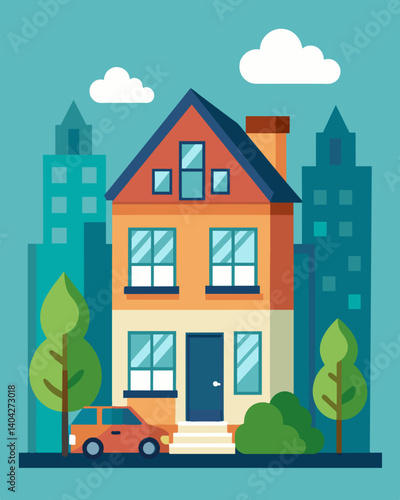A compact yet comfortable townhome ideal for a family downsizing to live closer to the city and back on commuting costs.. Vector illustration