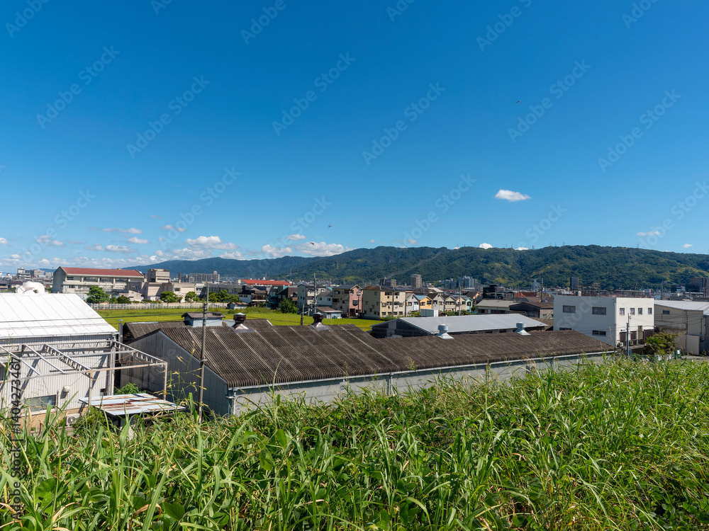 Fototapeta premium 大和川堤防から見る街と山の風景