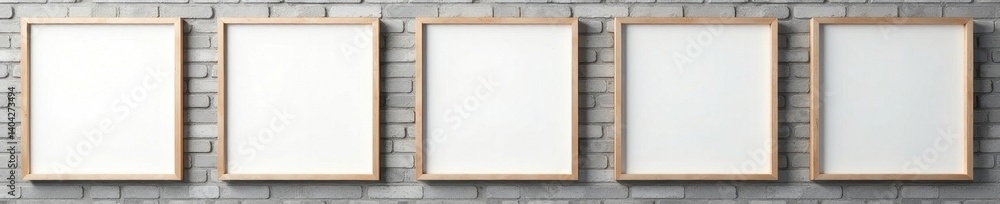 Fototapeta premium Several blank picture frames against a grey brick wall , mockup, modern