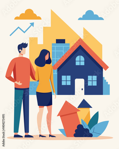 A couple looking concerned as they browse real estate listings amid speculation of a housing market crash.. Vector illustration