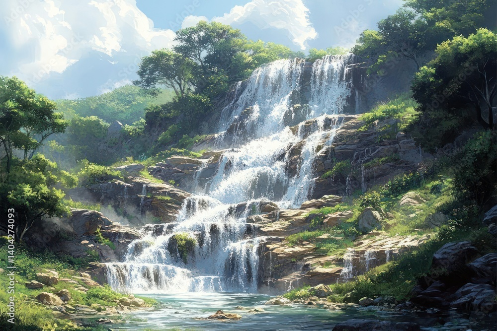 Fototapeta premium Lush waterfall cascading down rocky terrain in a verdant valley