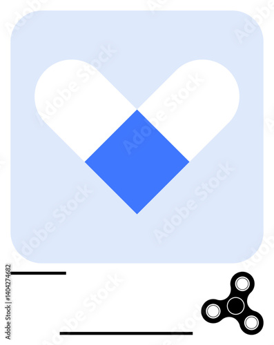 Heart formed by intersecting pill shapes, contrasted by a modern fidget spinner below. Ideal for health, wellness, relaxation, mental health, stress management, minimalistic design, flat simple