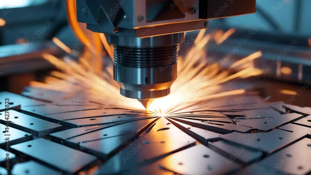 Modern industrial advertisement for laser CNC cutting of metal with vivid sparks and advanced technology.