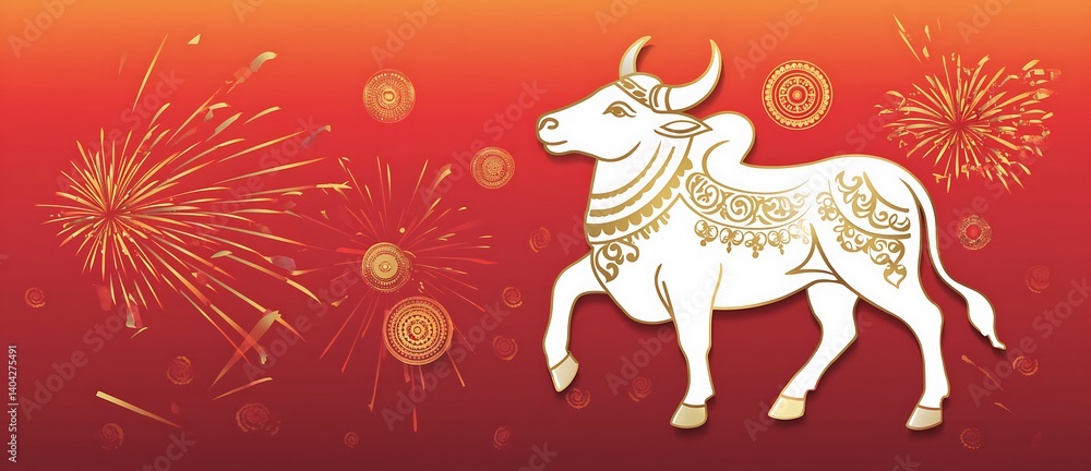 White Bull with Gold Patterns and Fireworks on Gradient Red Background Representing Festive Celebration. Chinese new year celebration Background. White Bull with Gold Patterns and Fireworks on Gradient Red Background Representing Festive Celebration. Chinese new year celebration Background.
