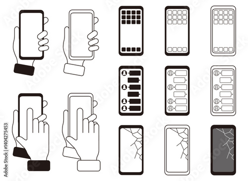 スワイプ、タップ、メッセージのやり取り、割れた画面、モノクロームのスマートフォンのイラスト素材セット