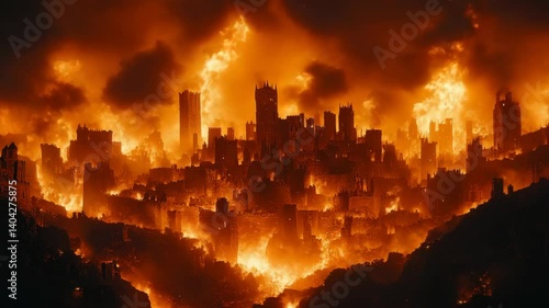 Dramatic medieval stone castle engulfed in flames, fiery destruction with towering fortresses under a smoky orange sky