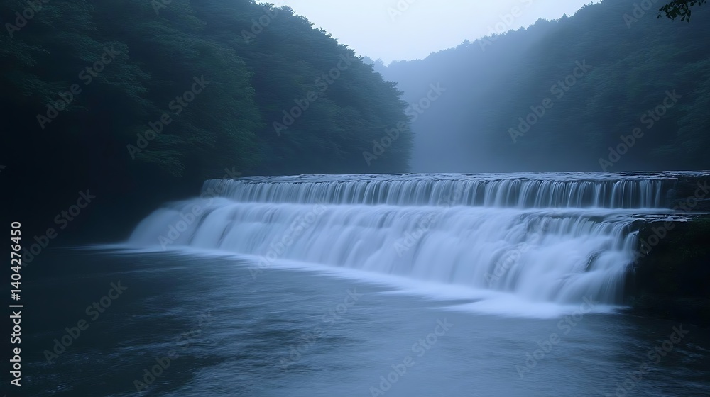 Fototapeta premium Misty Waterfall Cascades Over Steps