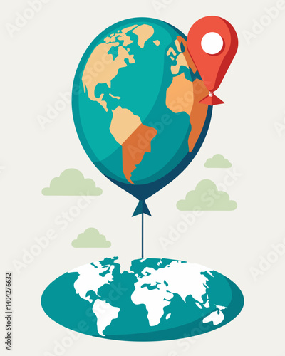 A cartoon of a balloon with the world map on it being deflated by a pin labeled as a local economic crisis portraying the fragility of the global economy.. Vector illustration