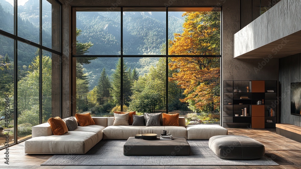 Modern living room with mountain view, autumn colors, comfortable sectional sofa Modern living room with mountain view, autumn colors, comfortable sectional sofa