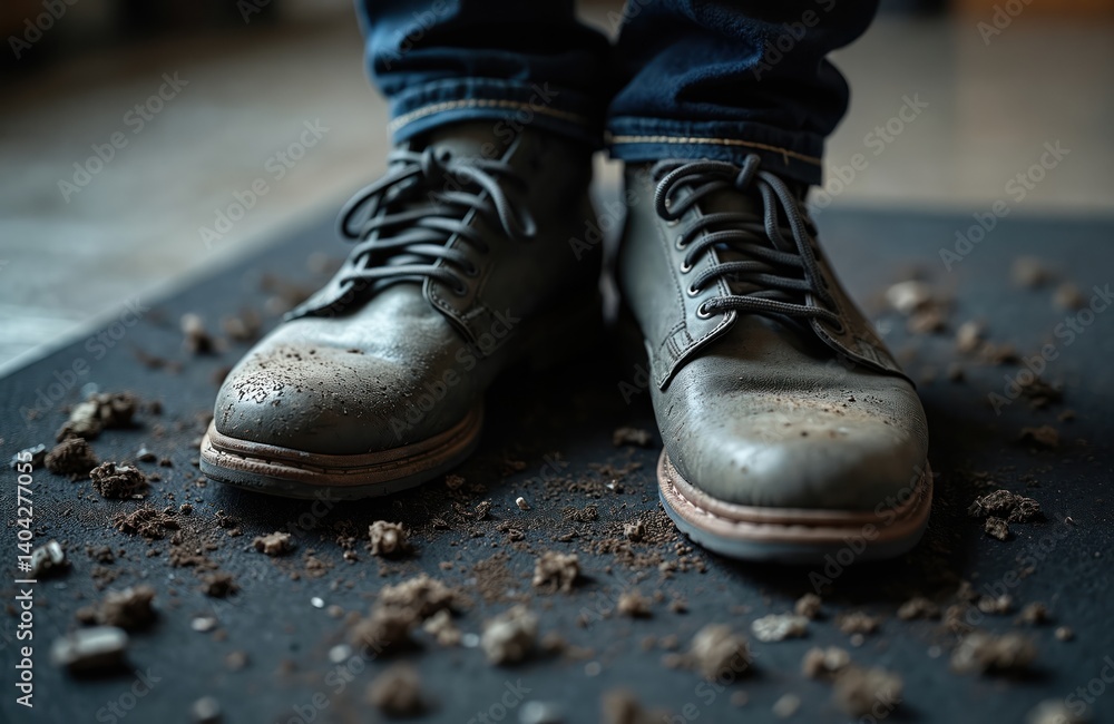 Grey boots stand on black carpet scattered with mud and dirt. Close-up of urban footwear. Denim pants. Casual style. Messy, unclean floor. Walking outdoors. Grey boots stand on black carpet scattered with mud and dirt. Close-up of urban footwear. Denim pants. Casual style. Messy, unclean floor. Walking outdoors.