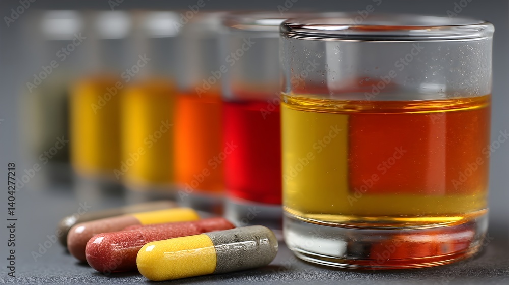 A close-up shot shows several colorful capsules next to small glasses filled with amber and red liquids. A close-up shot shows several colorful capsules next to small glasses filled with amber and red liquids.