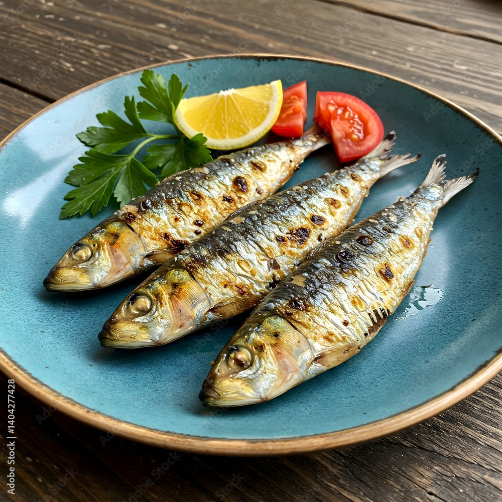 Three grilled sardines with lemon, tomato, and parsley on a blue plate Three grilled sardines with lemon, tomato, and parsley on a blue plate