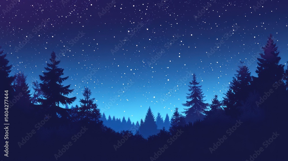 Fototapeta premium an enchanting nocturnal forest scene under a starlit sky presents a tranquil vector illustration of a coniferous woodland landscape bathed in the mystical blue light of the night