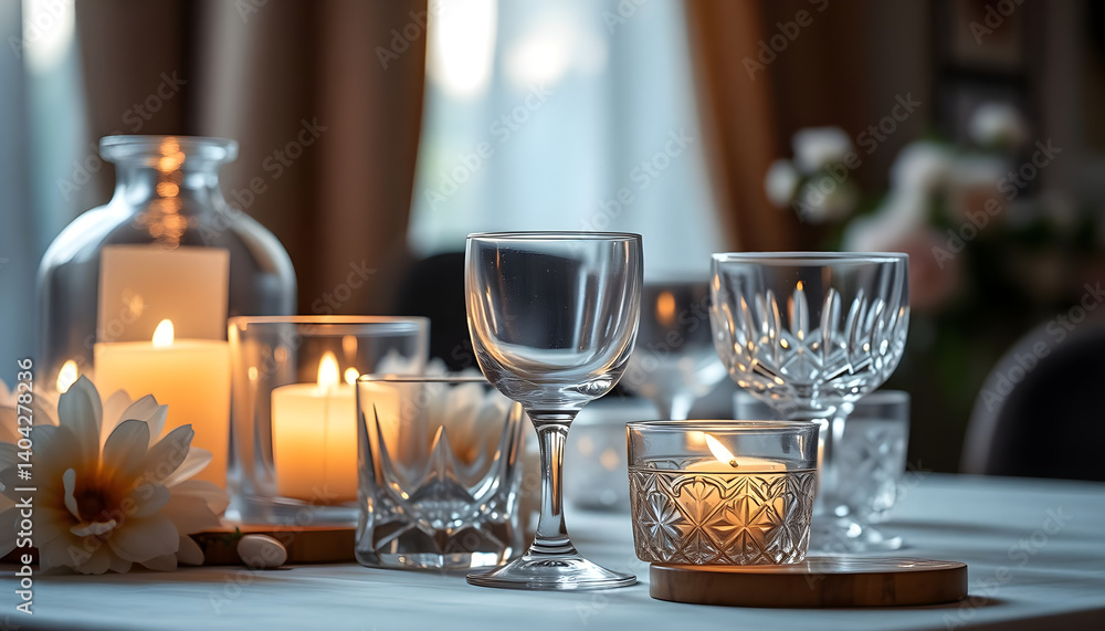 table topped with lots of glasses and candles table topped with lots of glasses and candles