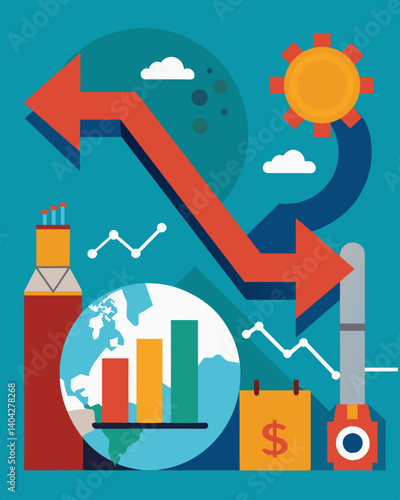 A chart showcasing the contraction of an economy with a significant decrease in trade and exports represented on the graph.. Vector illustration