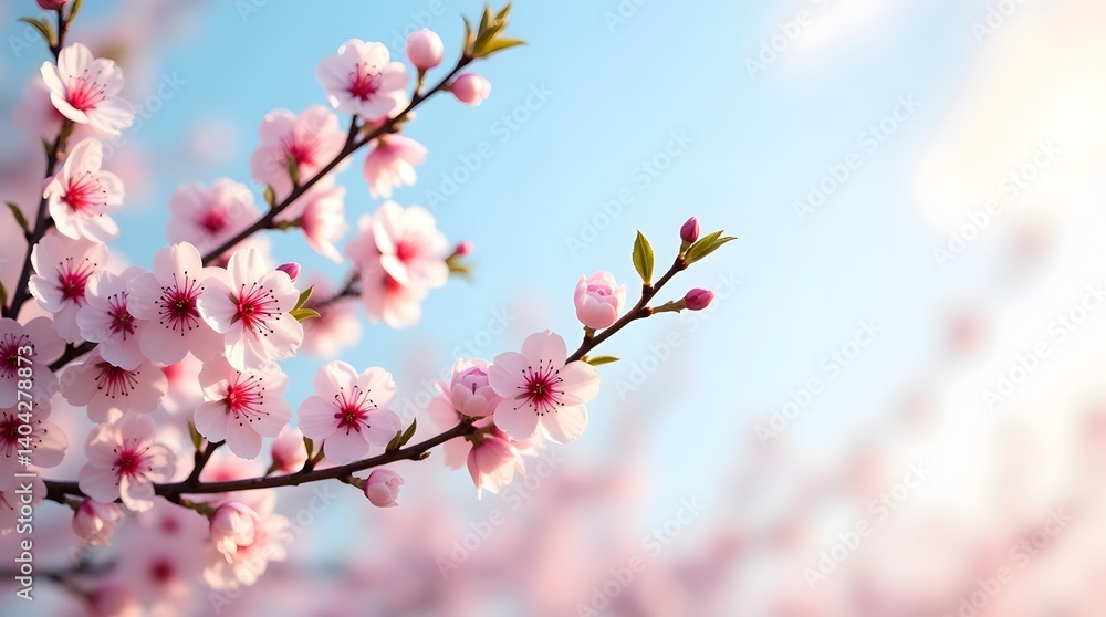 Soft pink cherry blossoms against a light blue sky. Delicate floral beauty, perfect for spring themes and serene backgrounds. Soft pink cherry blossoms against a light blue sky. Delicate floral beauty, perfect for spring themes and serene backgrounds.