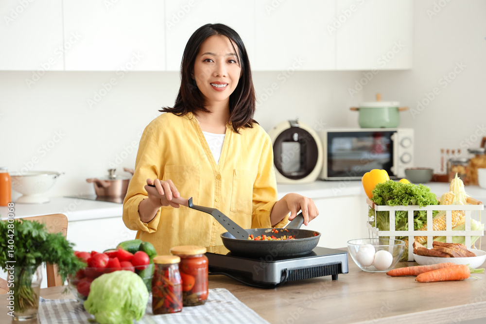 Young Asian woman cooking different vegetables in frying pan on portable electric stove at kitchen Young Asian woman cooking different vegetables in frying pan on portable electric stove at kitchen