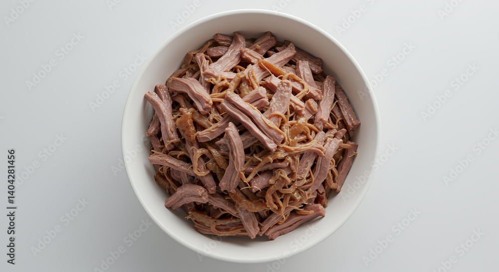 Shredded Brown Meat in White Bowl on White Background Shredded Brown Meat in White Bowl on White Background