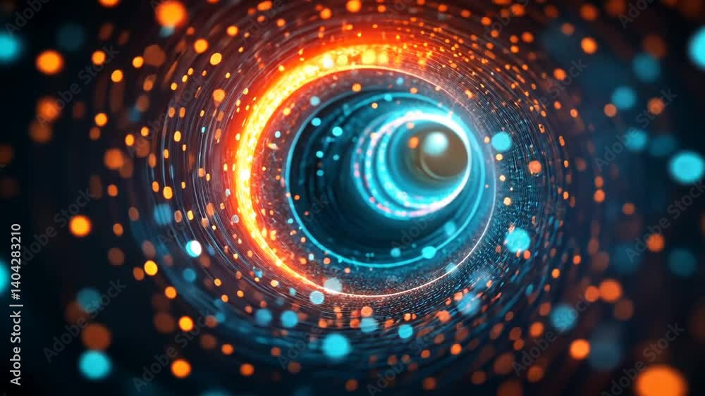 Abstract tunnel with shimmering blue & orange lights, creating a cosmic, digital vortex