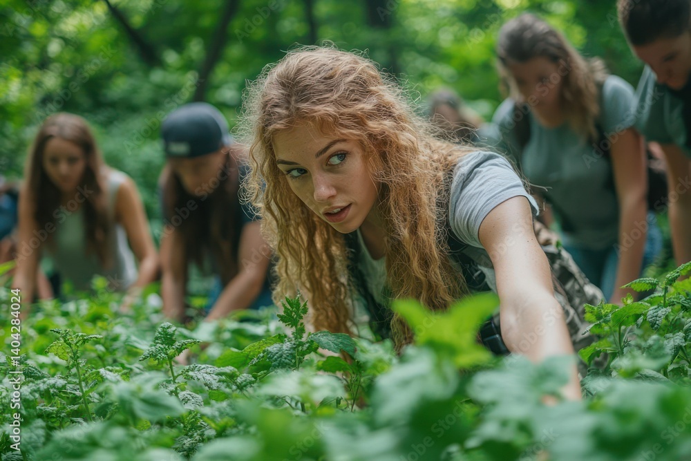 Fototapeta premium Focused group searching through dense foliage