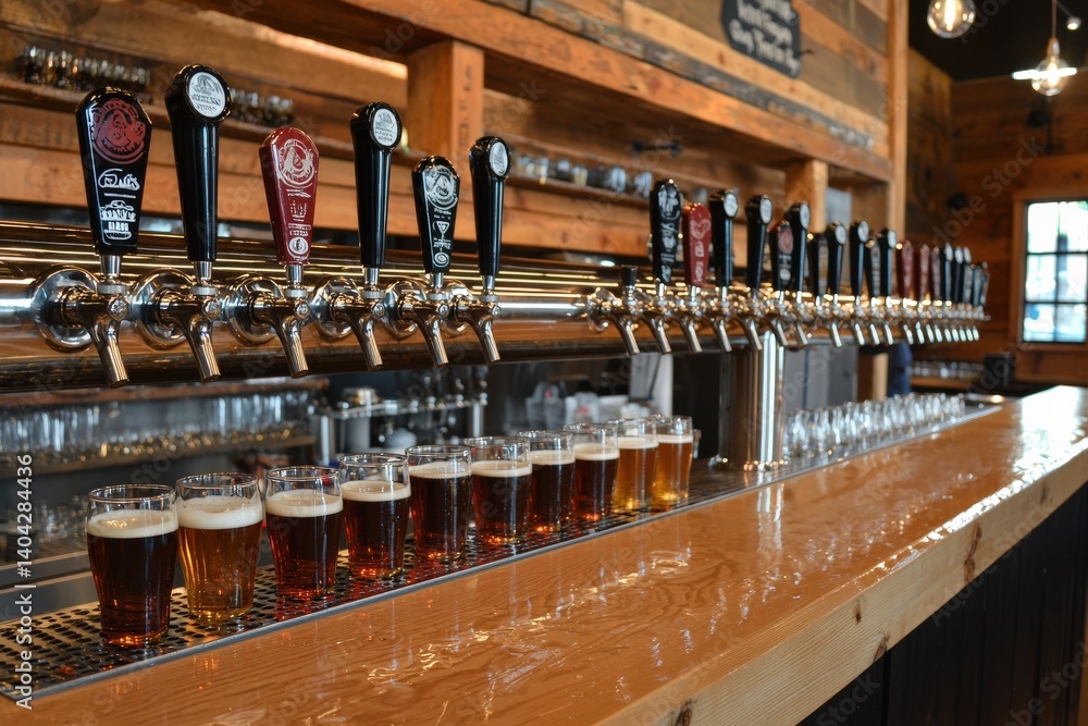 A close-up of beer taps in a craft brewery with glasses lined up beneath them A close-up of beer taps in a craft brewery with glasses lined up beneath them