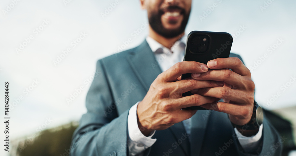 Businessman, hands or typing with phone in city for social media, career opportunity or chat. Closeup, happy man or employee with smile on mobile smartphone for network, connection or texting in town