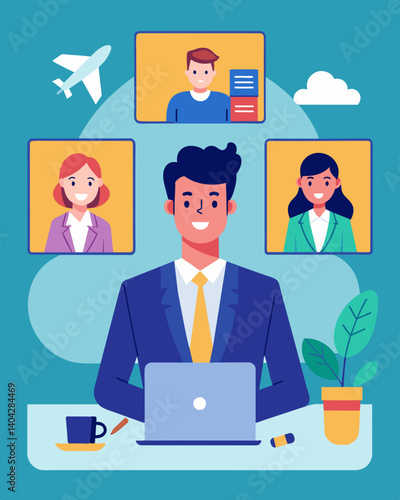 A business owner conducting virtual meetings with clients instead of inperson meetings saving on travel expenses.. Vector illustration