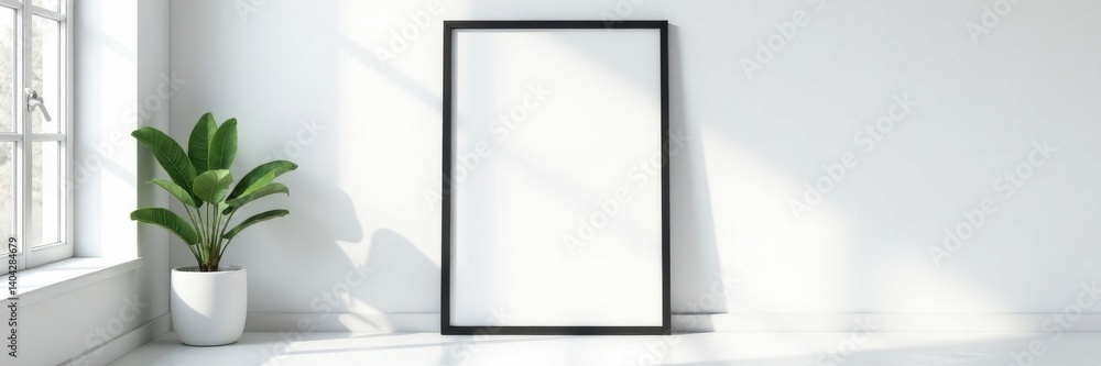 Single black frame against bright white wall, modern room setting , black frame, light Single black frame against bright white wall, modern room setting , black frame, light