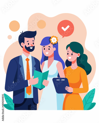 A financial advisor helps a newly married couple merge their finances and create a joint investment plan for their future together.. Vector illustration