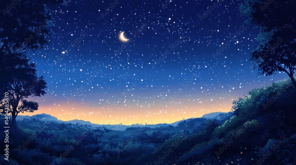 A serene painted landscape beneath a sky of twinkling stars and a crescent moon A serene painted landscape beneath a sky of twinkling stars and a crescent moon