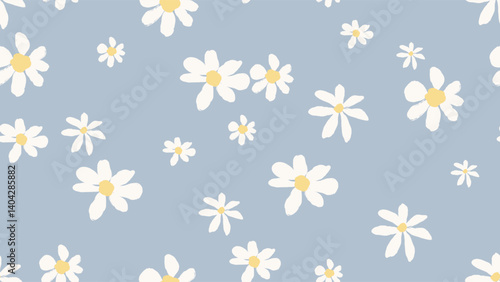 Floral seamless pattern features white daisies on a pastel blue background. T...