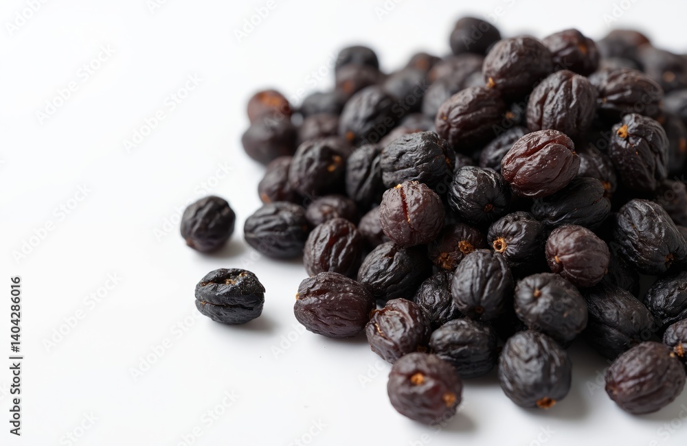 Close-up pile black raisins on white background. Dried grapes, sweet snack food, dessert, healthy food, vegetarian diet, ingredient, tasty food, top view. Close-up pile black raisins on white background. Dried grapes, sweet snack food, dessert, healthy food, vegetarian diet, ingredient, tasty food, top view.