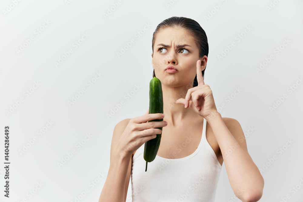 woman holding cucumber, playful expression, white background, healthy eating concept, humorous gesture, fresh vegetables, quirky pose, focus on lifestyle choices, vibrant colors woman holding cucumber, playful expression, white background, healthy eating concept, humorous gesture, fresh vegetables, quirky pose, focus on lifestyle choices, vibrant colors
