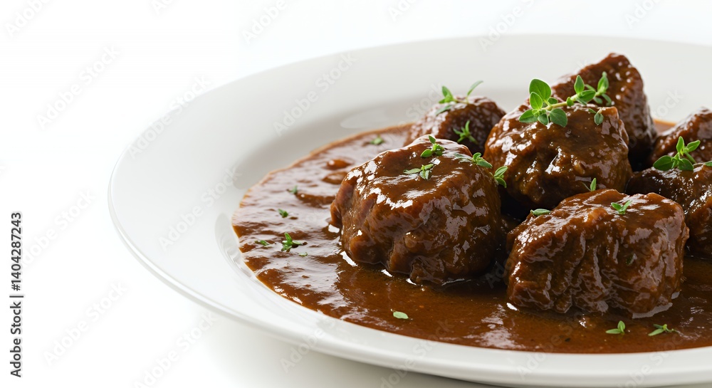 Savory Brown Beef Stew on White Plate Savory Brown Beef Stew on White Plate