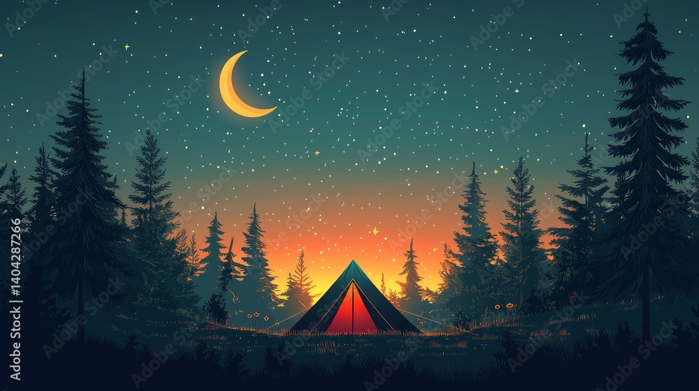 Fototapeta premium Serene Night Camping Scene with Stars, Moon, and Trees Under a Clear Sky