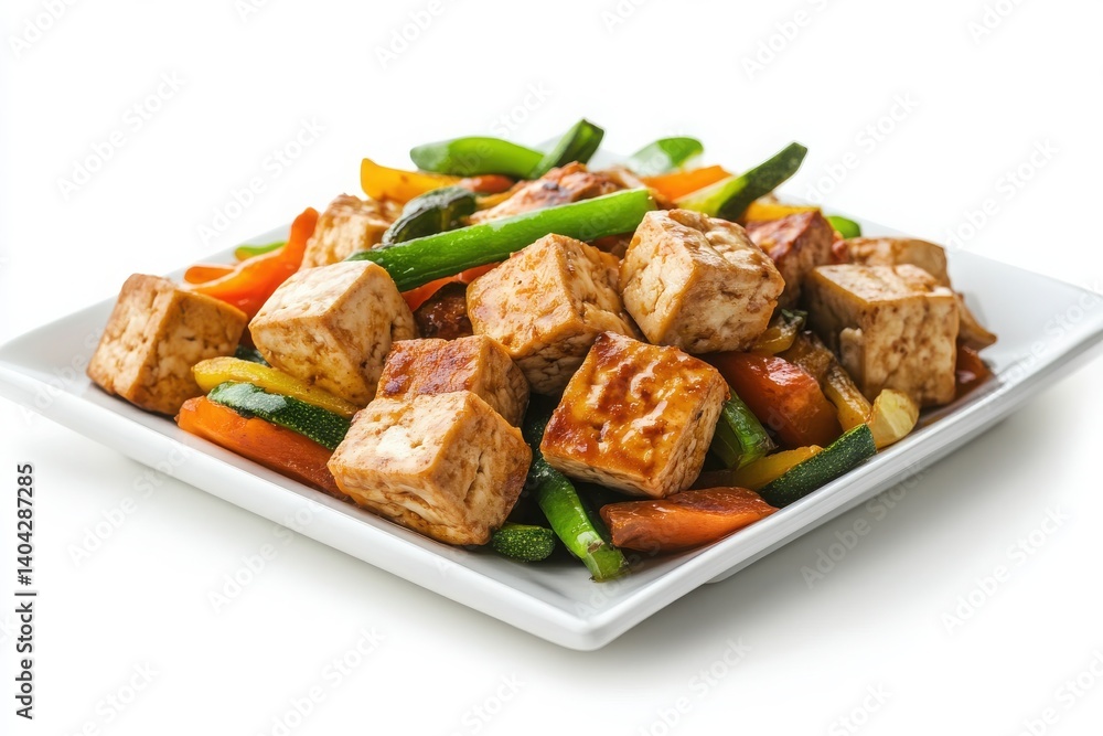 Isolated dish of baked tofu with assorted vegetables on white. Isolated dish of baked tofu with assorted vegetables on white.